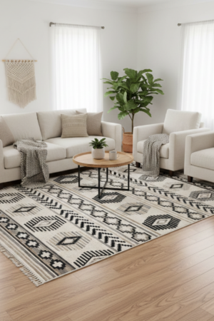 Ivory Black Straight Pattern Rug