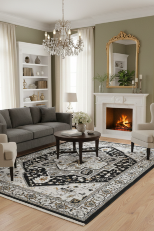 Black+Grey Floral Design Rug